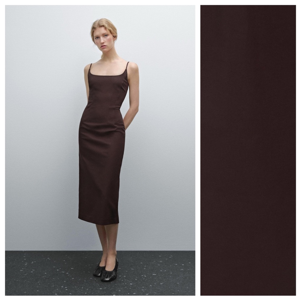 NWT. Massimo Dutti Brown Cotton Blend Midi Dress with Straps. Size S.